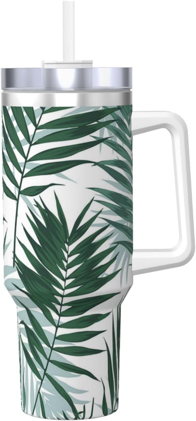 Tropical Jungle, Seamless Pattern with Palm Leaves,40OZ Ice Bully Cup with Handle Stainless Steel Mug Water Bottle