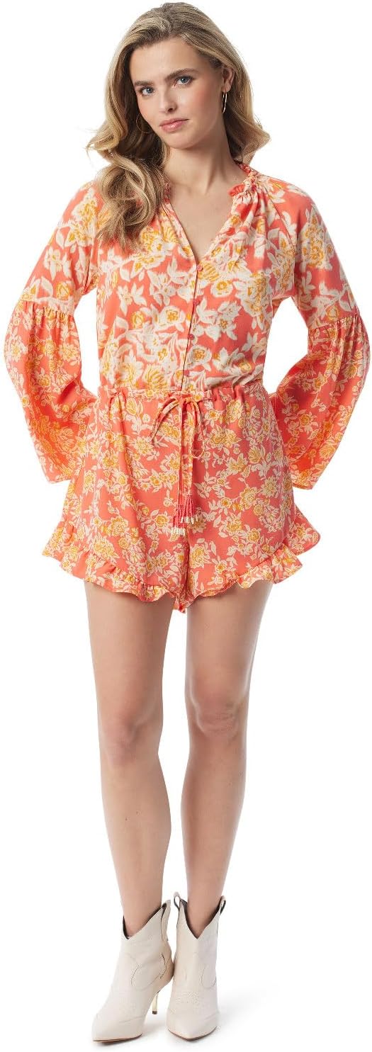 Jessica Simpson Women's Aurella Ruffled Long Sleeve Button Front Romper Standard