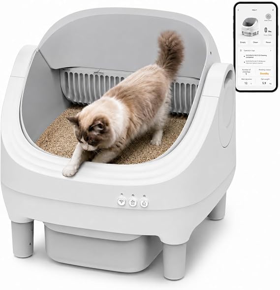 KITPLUS Automatic Cat Litter Box for Cats: Self Cleaning with APP Control, Large Capacity Waste Bin for Odor-Free Disposal, Includes Trash Bags and Safety Features