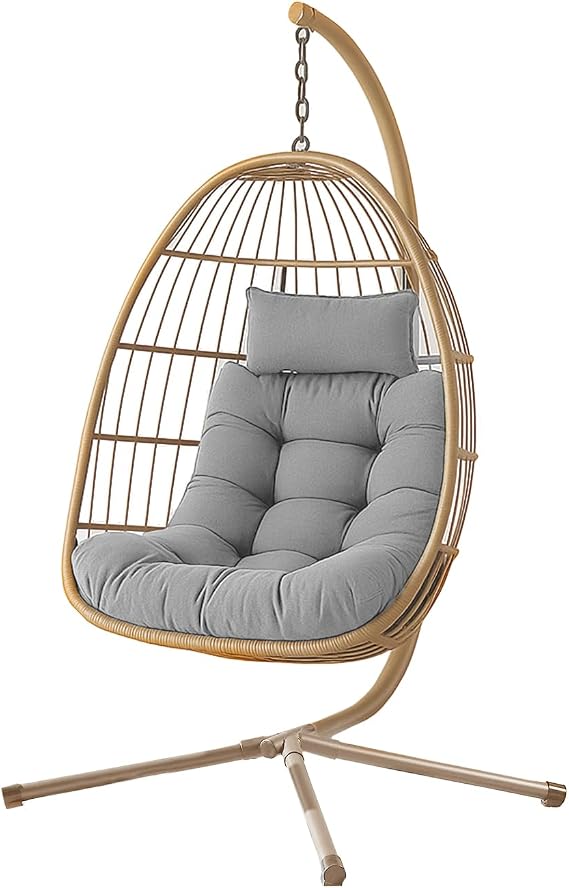 Foldable Hanging Egg Chair with Stand – Rattan Swing Chair with Grey Cushions & Headrest – Indoor/Outdoor Garden Patio Use Hammock Pod (Bamboo, 1 Seater)