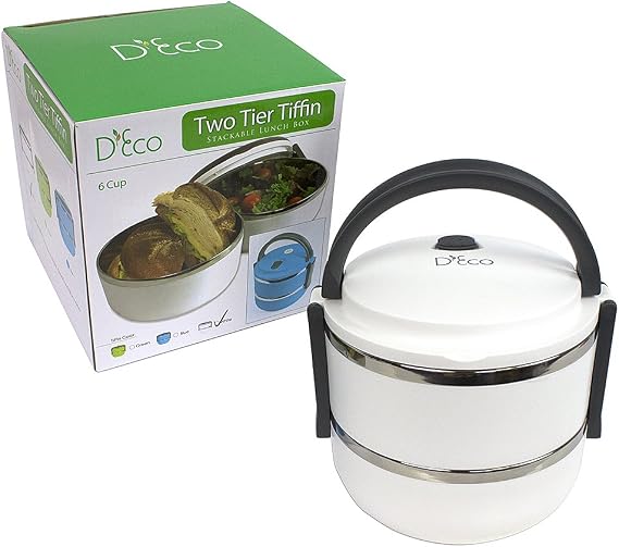 Stacking Lunch Box - Round Two Tier Tiffin with Vacuum Seal Lid and Stainless Steel Interior (White)
