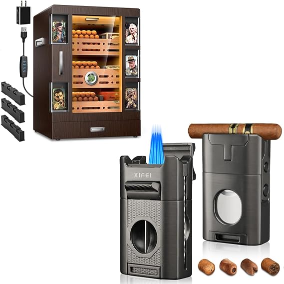 XIFEI 6-in-1 Desktop Cigar Lighter and Cigar Humidor Cabinet with 5 Acrylic Display Cases, Adjustable LED Lighting