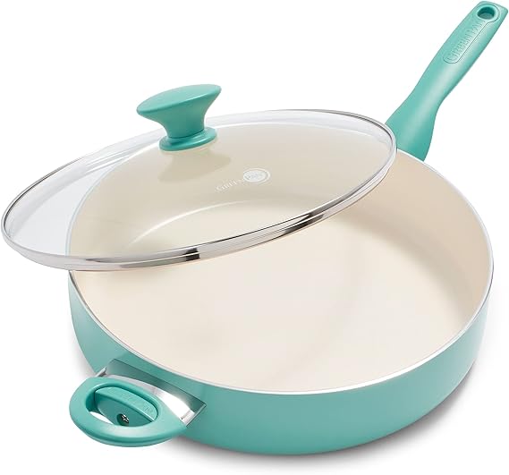 GreenPan Rio Healthy Ceramic Nonstick 5QT Saute Pan Jumbo Cooker with Helper Handle and Lid, PFAS-Free, Dishwasher Safe, Turquoise