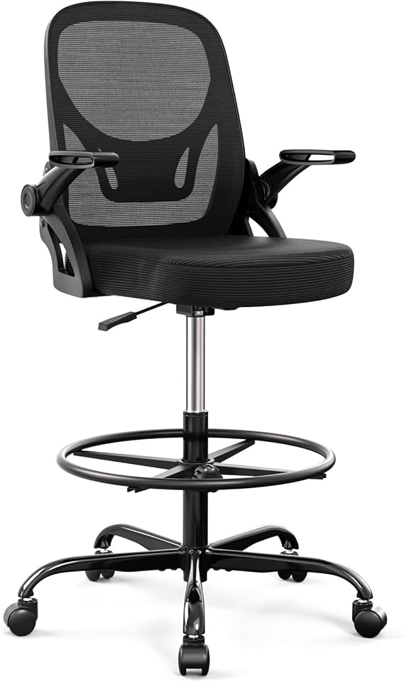 Alolo 450lbs Drafting Chair Tall Office Chair for Standing Desk with Flip-up Armrests,Ergonomic High Desk Chair with Lumbar Support and Adjustable Footrest Ring for Office,Black