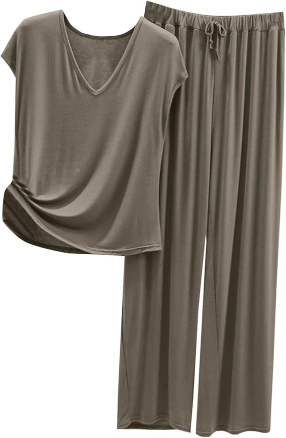 Women's 2 Piece Outfits Lounge Pjs Sets Short Sleeves T-Shirts Casual Pocket Drawstring Jogger Pants Tracksuit Set Style002 Army Green Large