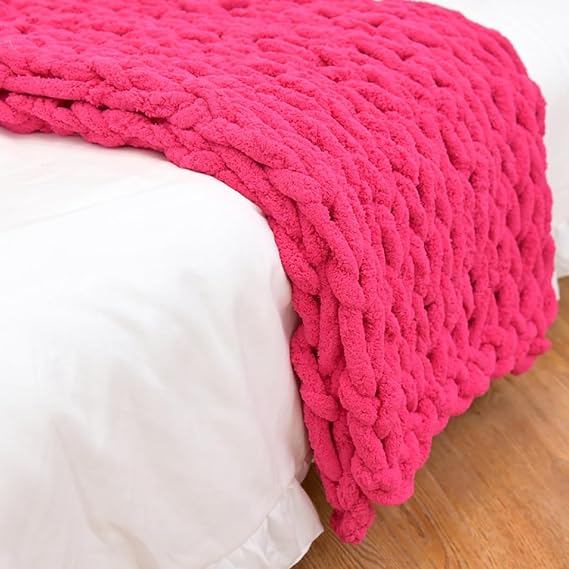 Chunky Knit Blanket Throw, Cute Comfy Blanket, Hand Knitted Chunky Throw Blanket for Couch, Thick and Warm Blanket for Winter, Linen, Crochet Blanket,Rose red,100 * 200 cm