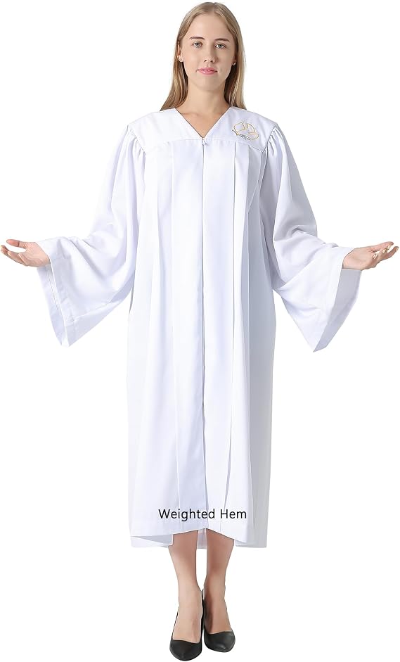 IvyRobes Baptism Robes with Weighted Hem Adults Water Baptismal Gown with Embroidered Dove for Church Officiant White