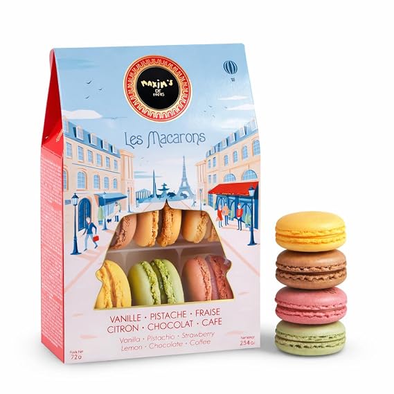 Maxims de Paris French Macaron Gift Box Gourmet Macaron Cookies Assortment, Classic Flavors (Vanilla, Pistachio, Lemon, Chocolate, Coffee, Strawberry), Luxury French Dessert Gift from Paris