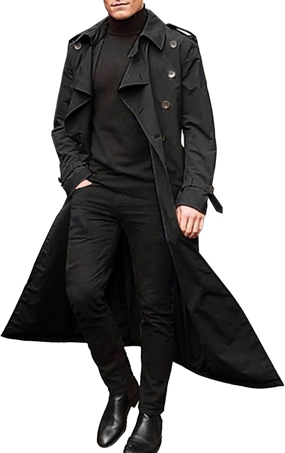 Men's Long Jacket Windproof Button Overcoat Oversized Casual Trench Lapel Double Breasted Belted Windbreaker (Black,Large)