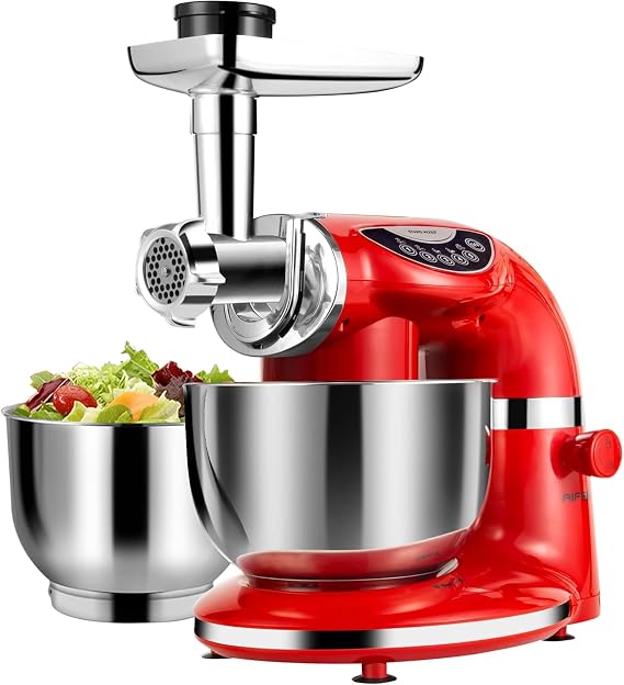 Stand Mixer, 8.5QT+ 6QT Two Stainless Steel Bowls Electric Food Mixer, 7 in 1 Multifunctional Kitchen Mixer with Dough Hook, Whisk, Beater, Meat Grinder,Pasta & Cookie Maker-Red