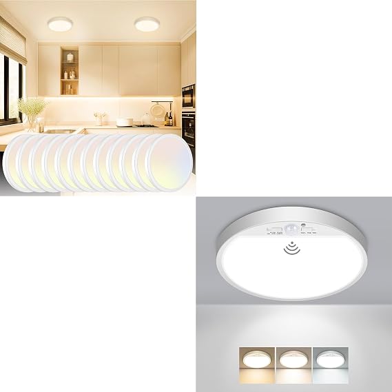1Pack Motion Sensor Light+12Pack LED Flush Mount Ceiling Light, Dimmable & 100W Equivalent Super Slim LED Ceiling Light, 3000K-6500K Selectable, 12W 1500Lm Round Light Fixture for Bedroom, Bathroom, C