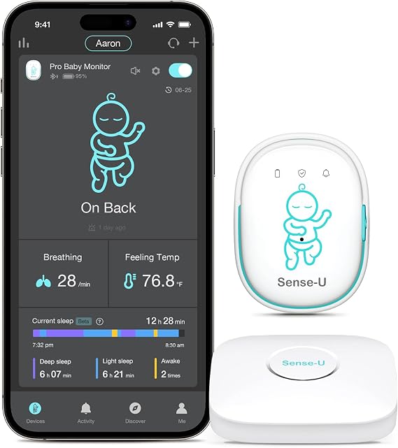 Sense-U Pro Baby Monitor(Long Range) Tracks Breathing Movement, Rollover & Temperature Anywhere for Better Sleep, Simple Clip-On Smart Tracker with Arousal Vibration, Audible Alerts & Sleep Analysis