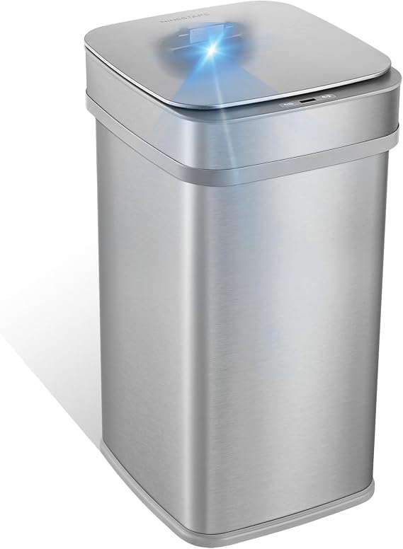 Ninestars 13 Gallon Odor Neutralizing Smart Trash Can, UV + Ozone Dual Purification, Odor Control Motion Sensor Garbage Bin, Universal Power Adapter, ONT-50-82SL Stainless Steel, Silver, Nova Series