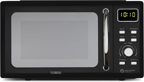Tower Digital Microwave with Sleek Mirror Door, 800W, 20L, Black & Chrome, T24041BLK