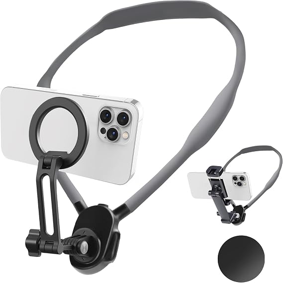 Neck Phone Holder for Recording, Magnetic Neck Mount for Phones, Hand Free Cell Phone Holder with Anti-Vibration Chest Strap for Recording POV/Vlog Video Selfie, Compatible with iPhone, Android, Gray