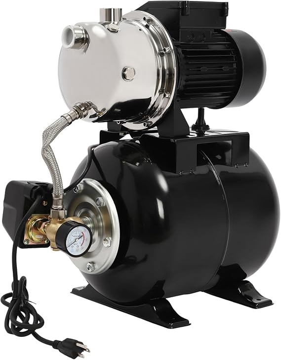 1HP Shallow Well Pump with Pressure Tank 6 Gal, 800GPH 110V Stainless Steel Irrigation Pump Garden Water Pump, Automatic Water Booster Jet Pump for Home Irrigation Garden Lawn (Black, 1HP)