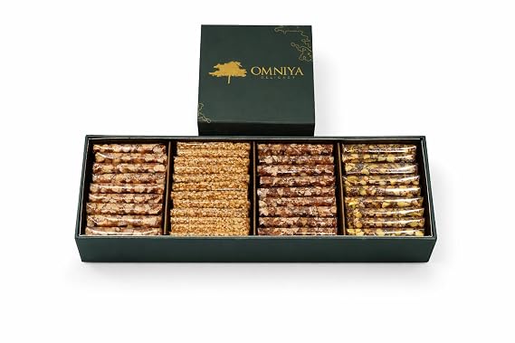 OMNIYA Delicacy Indigo Croquant Box (40 Pieces) Mediterranean Gourmet Sesame Snack Bar Crispy Pistachio, Almond, Cashew & Sesame Treats Elegant Gift for Holidays, Birthdays & Special Occasions