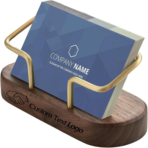 HJX Custom Business Card Holder for Desk, Engraved Wooden Stand
