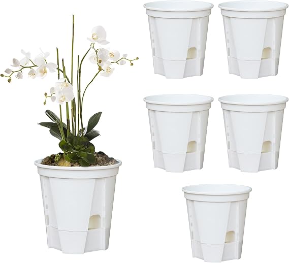5Pack Transparent Plastic Garden Pots Self Watering Planters, Nursery Plant Pots with Deep Reservior and Drainage Holes, Self Watering Pots for Indoor Outdoor Plants and Flowers(5in-W)