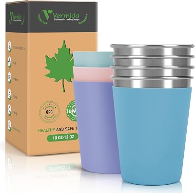 Stainless Steel Cups for Kids and Toddlers, 10oz Stackable Stainless Steel Kids Cups with Silicone Sleeves Sweat Proof, Unbreakable Metal Cup for Home & Outdoor Activities, BPA Free 4 Pack