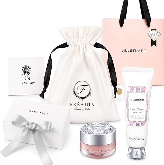 Gift WrappedJill Stuart White Floral Collection Hand Cream & Lip Balm & Pouch Gift White Day Set Mother's Day Present Includes Drawstring Pouch, Genuine Gift Box, Shop Bag, Message Card