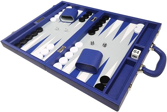 16-inch Backgammon Set - Indigo Blue Board Grey Playing Surface, White and Blue Points
