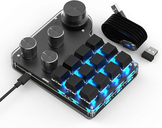 Macro Programmable Keypad, One Handed Custom 2.4 G Programmable Gaming Keyboards Multifunction 12 Keys 4 Knobs Compatible for Windows,Mac OS, Bluetooth Macro Keypad Suitable for Office/Lab