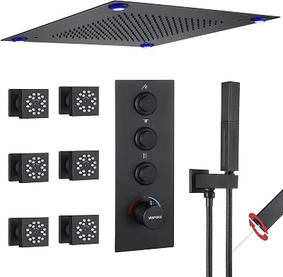 VANFOXLE Temperature Shower Faucet Set Matte Black Shower System, Push Button Diverter Shower Faucet with 2 In 1 Handheld, 16 Inch LED Shower Head, 6 PCS Body Jets