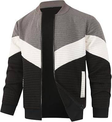HOOD CREW Mens Zippered Cardigan Jacket Casual Stand Collar Varsity Coat Lightweight Bomber Jackets