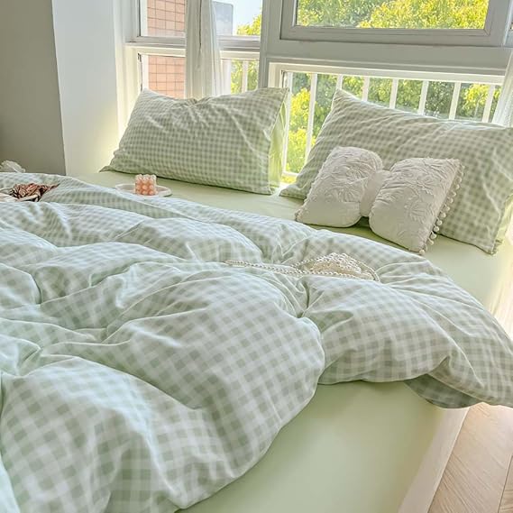 Nayoroom Green Gingham Duvet Cover Set Queen Plaid Checkered Bedding