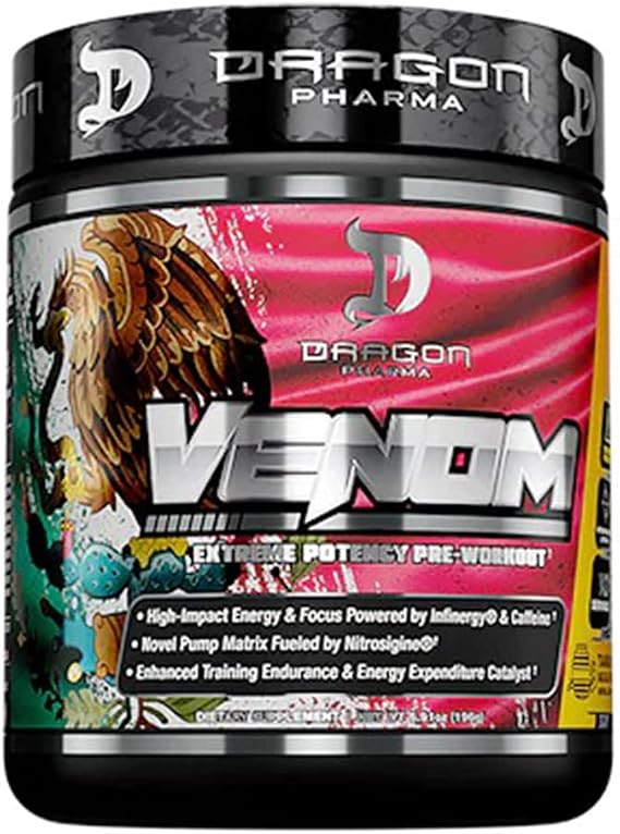 DRAGON PHARMA Venom Extreme Potency Pre-Workout, Laser Sharp Focus + Energy, Intense Performance, Proven Ingredients for Enhanced Vasodilation & Endurance (40 Servings, Tamarindo Aqua Fresca)