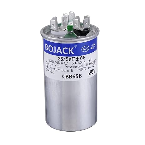 BOJACK 25+5 uF 25/5 MFD 6% 370/450 V AC CBB65 Dual Run Circular Start Capacitor for AC Motor Run or Fan Start or Condenser Straight Cool or Heat Pump Air Conditioner