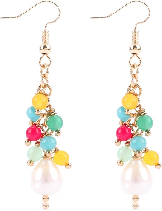 Natural Stone Dangle Earrings for Women Colorful Crystal Round Natural Stones Woth Pearl Dangle Earrings for Women Jewelry Gift