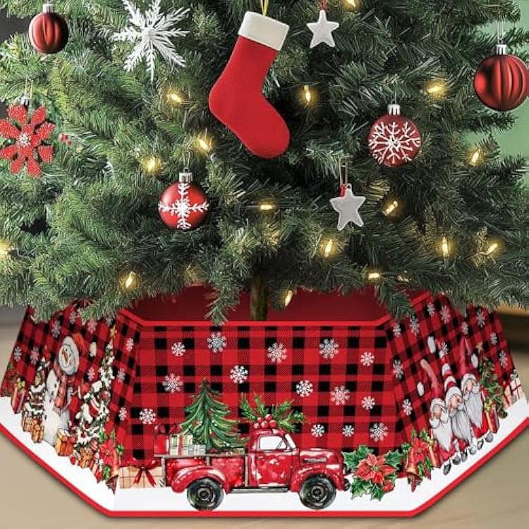 Christmas Tree Collar for Artificial Trees, Buffalo Plaid Rustic Country Red Truck Snowman Christmas Decoration, Fabric Hexagonal Base Tree Collar Skirt for Xmas Tree Decorations Holiday Party