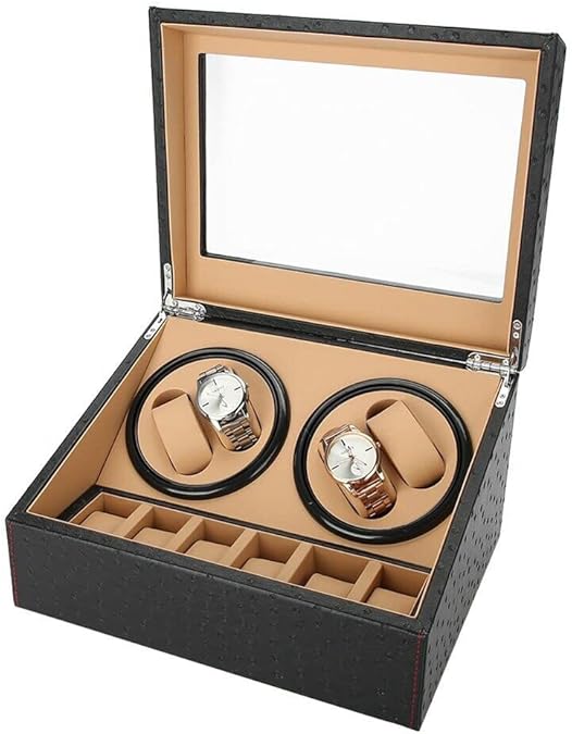 Watch Winders for Automatic Watches, Black PU Leather Automatic Watch Winder Box with 4 Winders, 6 Extra Storage (Ostrich Pattern)