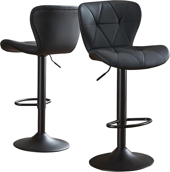 Set of 2 Bar Stools, Adjustable Swivel Barstools, Faux Leather Bar Chairs, Upholstered Counter Height Bar Stool with High Backrest for Kitchen Island, Black