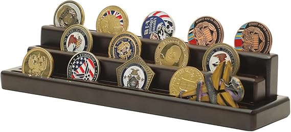 Challenge Coin Display Case, Wooden 4 Rows Challenge Coin Holder for Collection, Military Display Stand, Desktop Shelf Organiser, Commemorative Storage Rack (Coins Not Included)