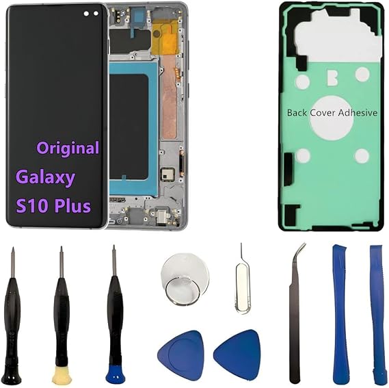 Original 6.4" AMOLED Display for Samsung Galaxy S10 Plus Screen Replacement OEM S10Plus SM-G975U SM-G975U1 Display Touch Screen Digitizer Assembly (with Black Frame+Back Cover Adhesive+Tools)