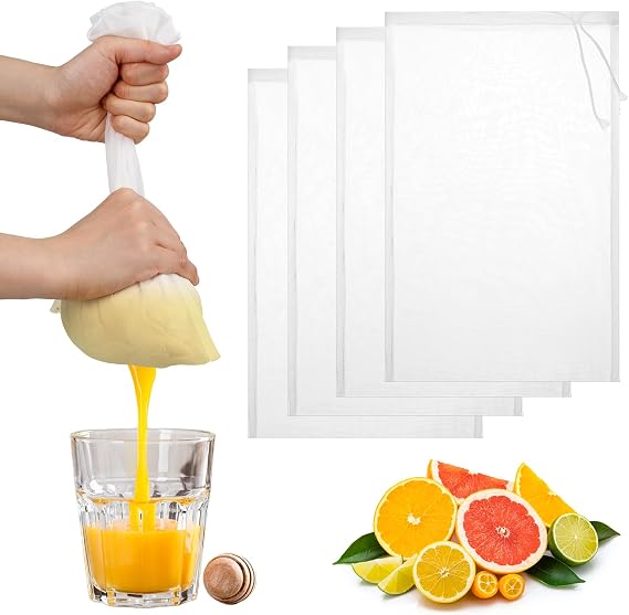 4 Pack Nut Milk Bag 12 x 8 Inch Nut Bag Strainer Reusable Nylon Cloth Bags for Straining 200 Mesh Fine Mesh Bags for Straining Fruit Juice Coffee Yogurt Cheese Tofu Cold Brew Filter