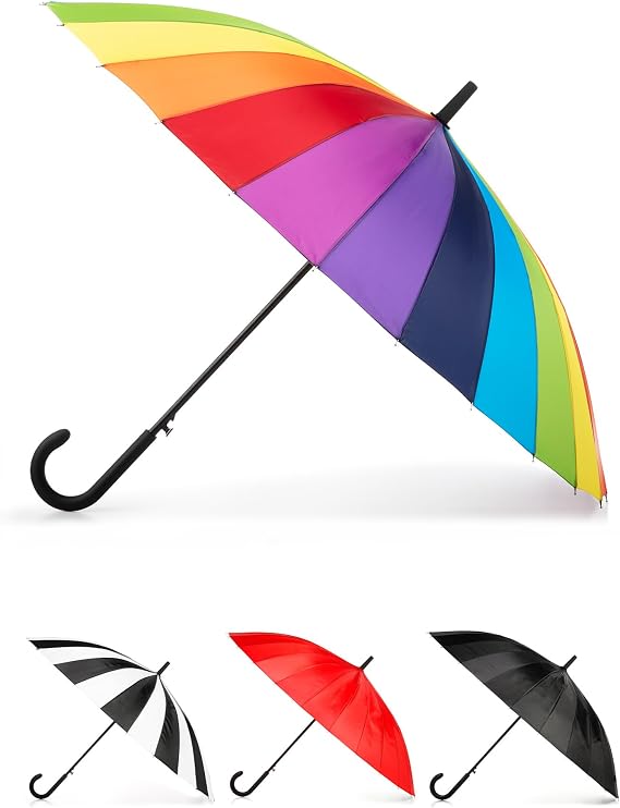 totes Large Eco Auto-Open 24 Rib Stick Umbrella with a Classic J Hook Curved Handle and water repellant