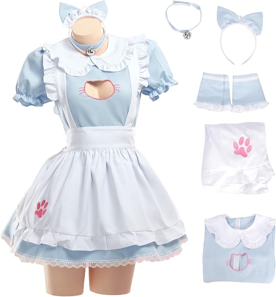 MEOWCOS Women's Maid Dress French Apron Kawaii Kitty Dress with Paw Embroidery Anime Cosplay Costume