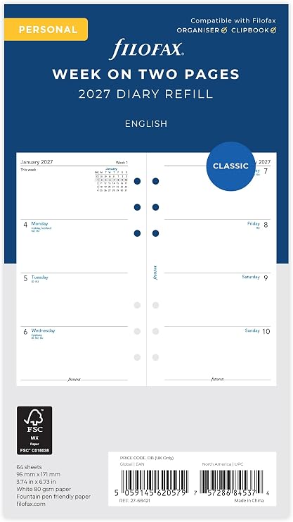 Filofax Personal Week on two pages English 2027 diary 27-68421