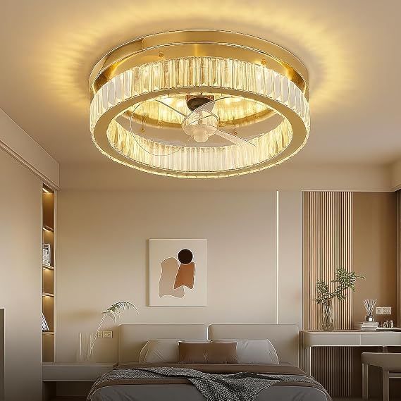 Gold Crystal Ceiling Fans with Lights and Remote Smart Modern Ceiling Fan | Dimmable LED Ceiling Fan Light with Reversible,Noiseless, 6 Speeds & Timer Ultra-Quiet for Bedroom Living Room Dining Room [Energy Class E]