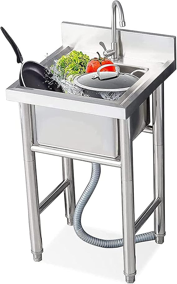 Single Bowl Stainless Steel Commercial Kitchen Sink 1 Compartment Free Standing Utility Sink with Faucet for Garage, Restaurant, Bar, Laundry Room, Indoor Outdoor
