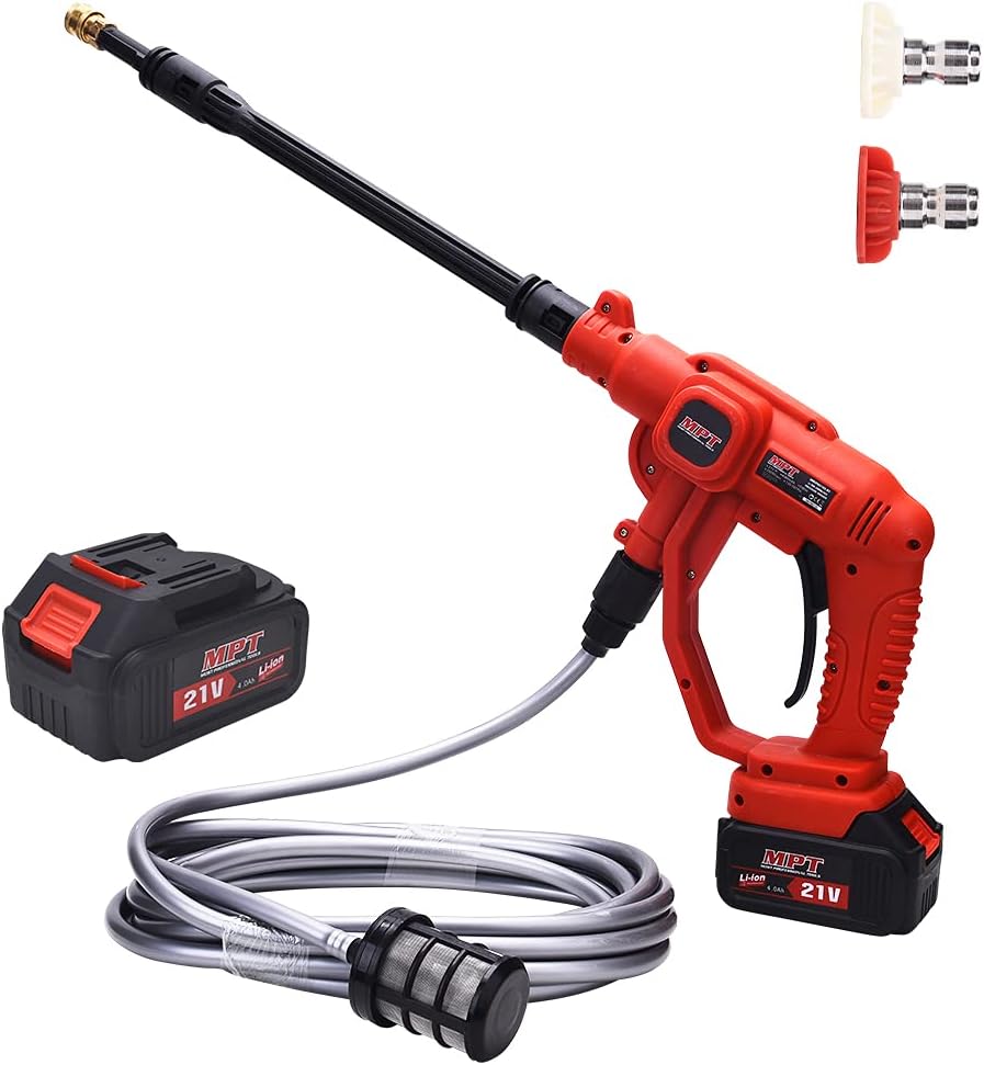 MPT 21V Portable Power Washer, Cordless Pressure Washer for Car Washing, Max 507 PSI Power Cleaner with 2 Nozzles, 2 x 4.0Ah Batteries
