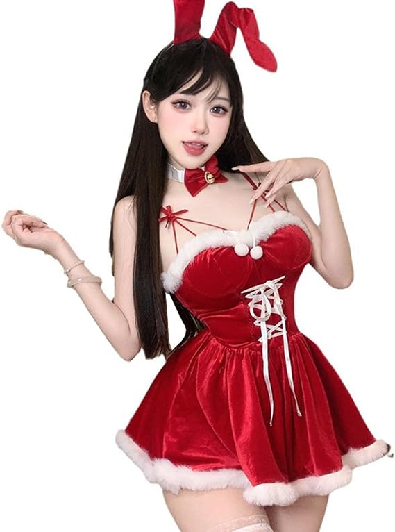 Sexy Christmas Lingerie Red Bunny Cosplay Santa Babydoll Mrs Claus Costume