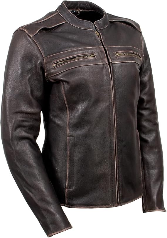 Milwaukee Leather LKL27006 Women's Premium Distress Brown Leather Motorcycle Biker Jacket w/CE Armor Protection