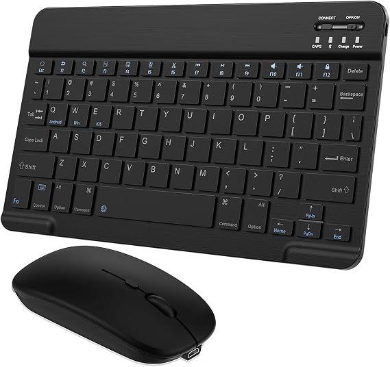 Ultra-Slim Small Bluetooth Keyboard and Mouse Combo Portable Rechargeable Wireless Keyboard for Android Tablet Cell Phone Samsung Smartphone iPhone iPad mini Pro Air 10.2 10.9 11 12.9 13 inch (Black)
