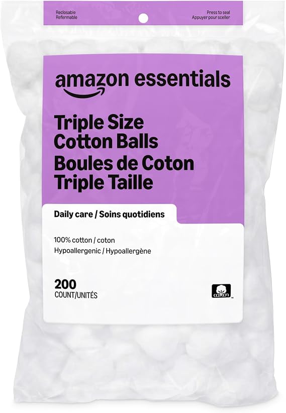 Amazon Basics Cotton Balls for Skincare, Makeup Removal, Cotton, 200 Count (Previously Solimo)
