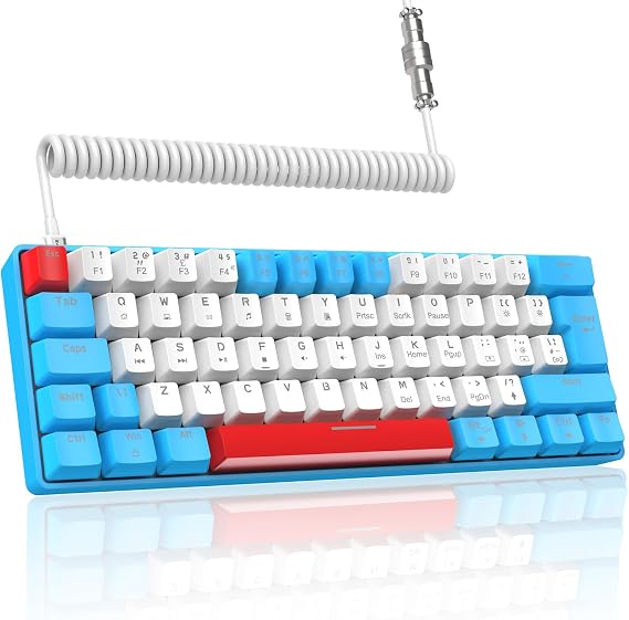 LexonElec T60PRO 60% Mechanical Keyboard and Mouse +Coiled USB C Cable, Compact RGB LED Backlit Keyboard, Linear Red Switch, 6400 DPI Programmable RGB Mouse for PC Mac Gamer(Blue&White)
